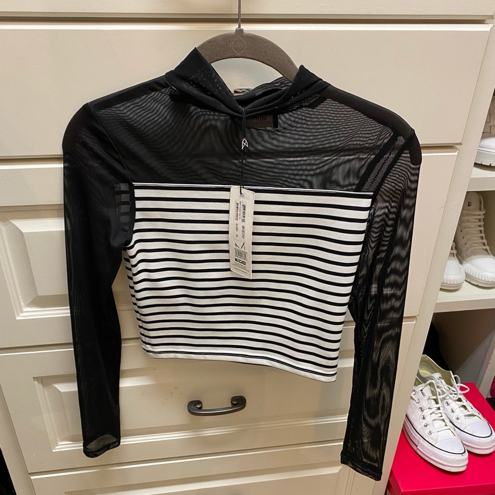 MINKPINK Crop Long Sleeve Mesh Sheer Smock Neck Stripe Top